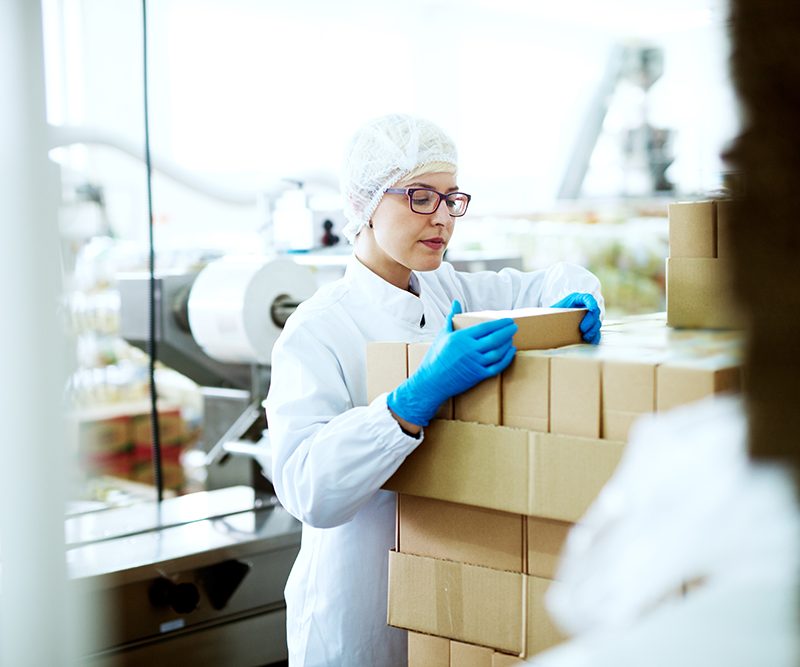 young gorgeous focused female worker sterile cloths is putting last box into big cardboard box stacks near food factory production line