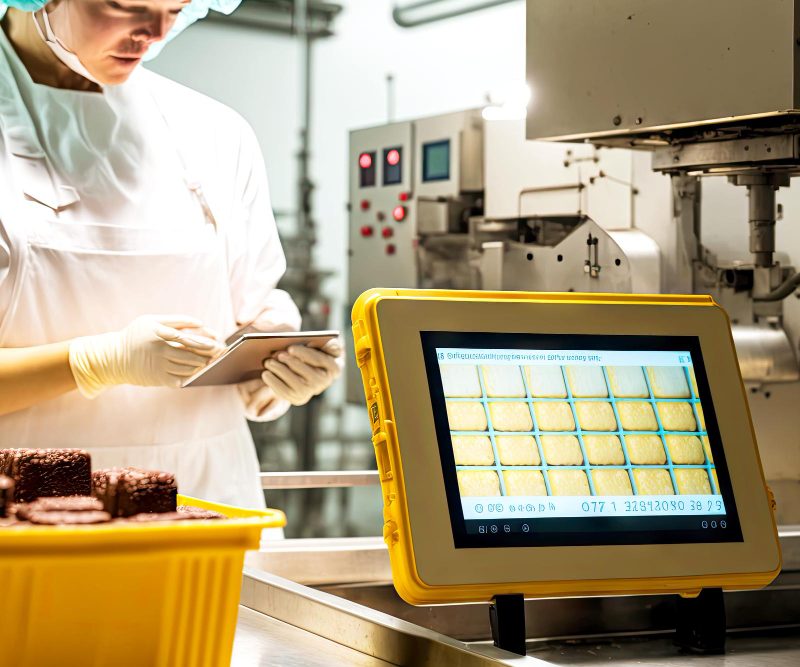 worker with digital tablet checking products food factory production line