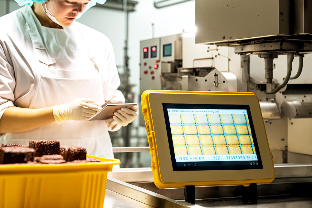 worker with digital tablet checking products food factory production line