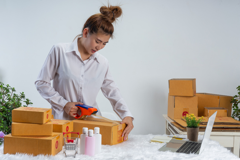 business woman is working online traing reply customer home office packaging wall